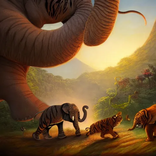 Image similar to a tiger, an elephant and a rabbit running away from a volcano by justin gerard, deviantart
