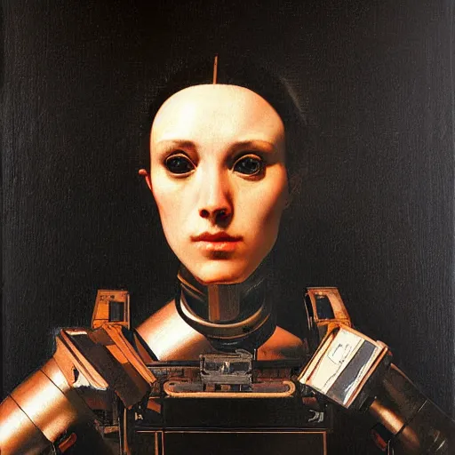 Image similar to portrait of a robot by caravaggio in the style of greg rutkowski