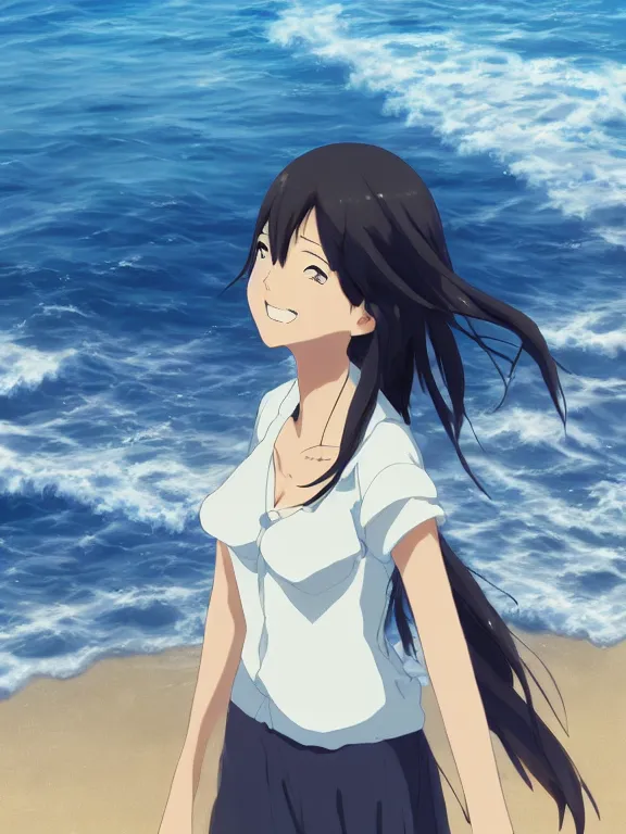 Image similar to Portrait of a happy anime woman on the beach near the ocean, by makoto shinkai