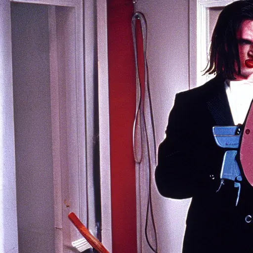 Prompt: Still of American Psycho with a chainsaw, in Eyes Wide Shut (1999)
