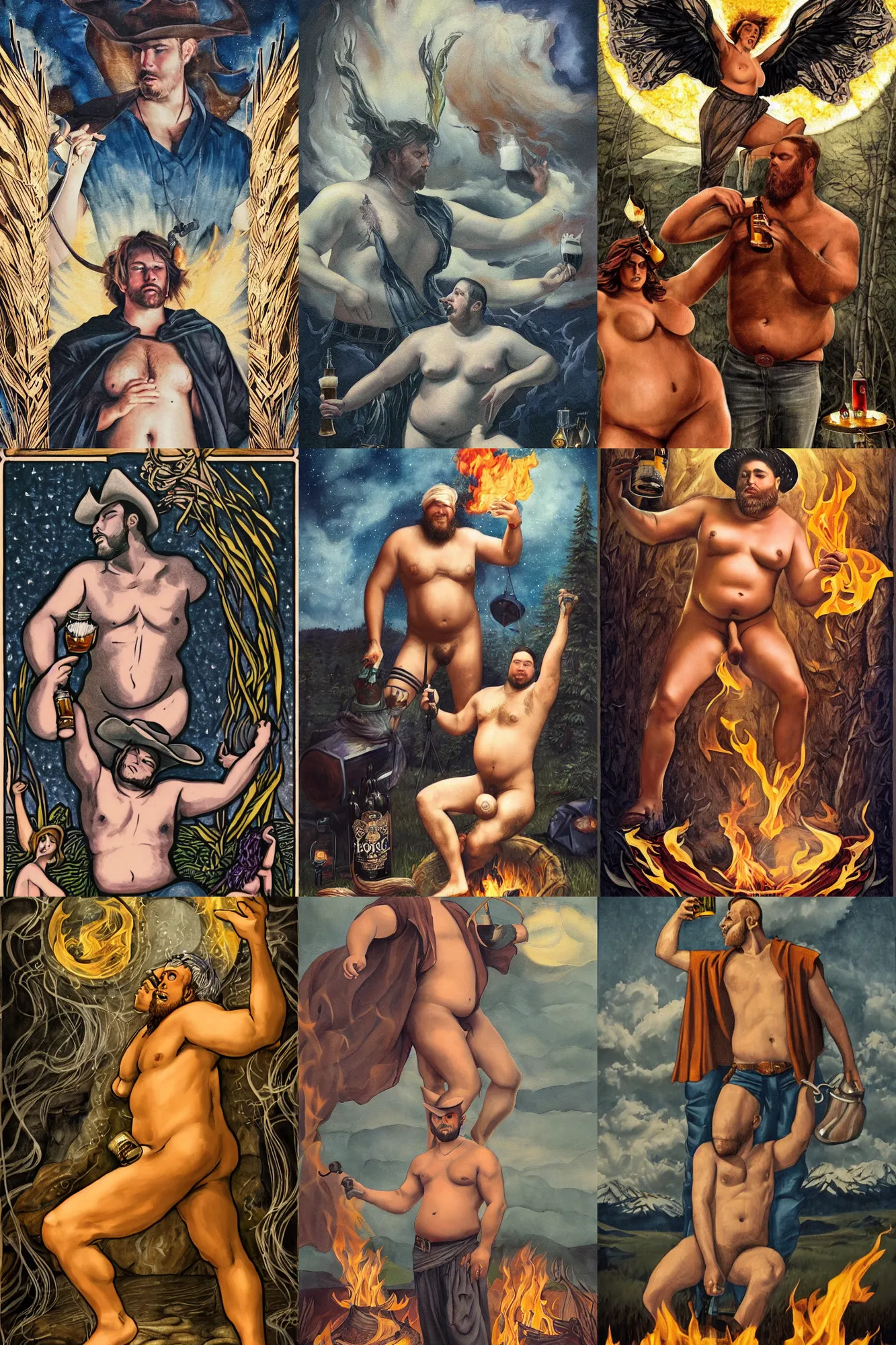 Prompt: a dramatic, epic, ethereal tarot painting of a handsome thicc barechested cowboy with a beer belly | background is a late night campfire with food and jugs of whisky | homoerotic | tarot card, art deco, art nouveau | by Mark Maggiori | trending on artstation