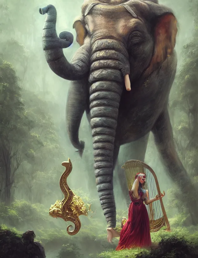 Prompt: full body, abstract painting in lush fantasy environment of a humanoid elephant with makeup on all his body and dressed like a bard, he is holding a harp, face in focus, epic, trending on artstation, masterpiece, cinematic lighting, by ross tran and by greg rutkowski