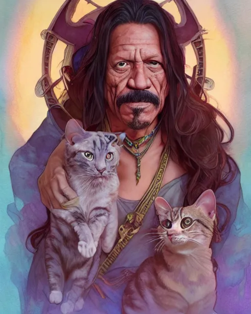 Prompt: danny trejo as a cat, highly detailed, romantic storybook fantasy, soft cinematic lighting, award, disney concept art watercolor illustration by mandy jurgens and alphonse mucha and alena aenami, pastel color palette, featured on artstation