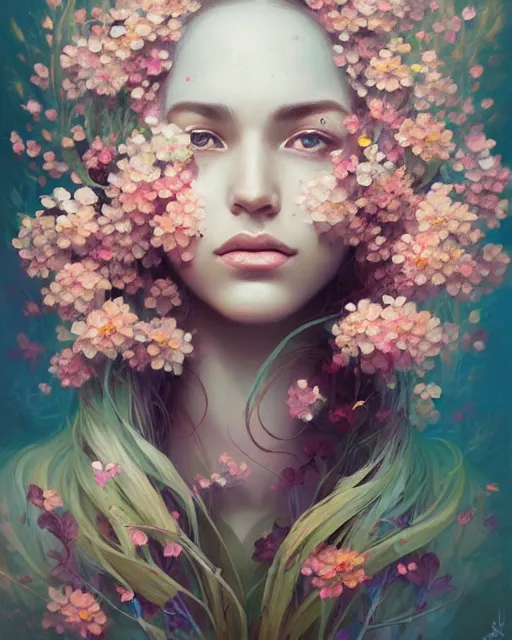 Image similar to portrait of a woman covered in flowers, overgrown beauty portrait, by peter mohrbacher, alena aenami, artgerm