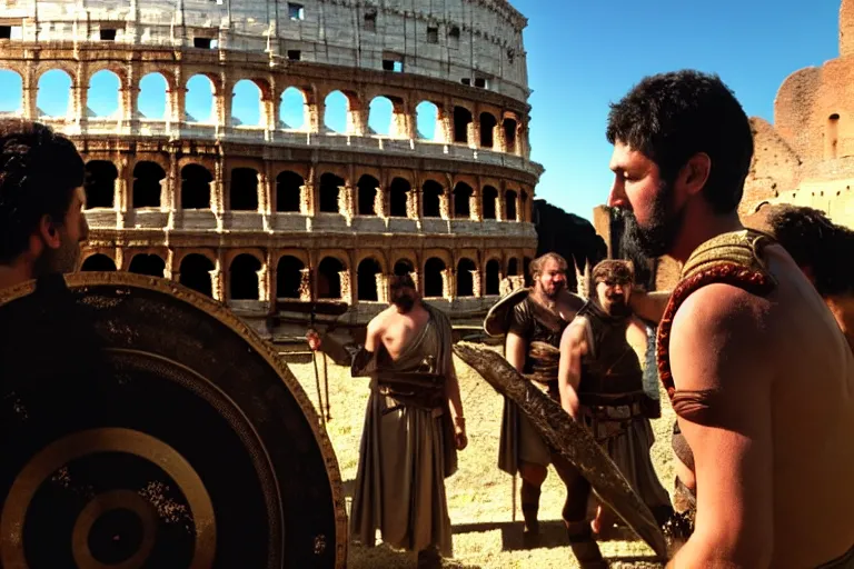 Image similar to vfx film, on set, on location, big production, roman extras, roman army, colosseum, outdoor, behind the scenes, film production, making of, flat color profile low - key lighting award winning photography arri alexa cinematography, hyper real photorealistic cinematic beautiful, atmospheric cool colorgrade