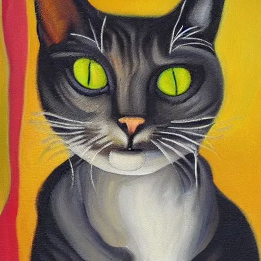 Prompt: Oil on canvas painting of a cat smoking a joint