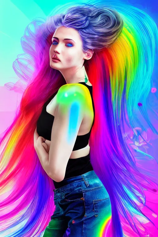 Image similar to a award winning half body portrait of a beautiful woman with stunning eyes in a croptop and cargo pants with rainbow colored ombre hairstyle head in motion and hair flying by thomas danthony, surrounded by whirling illuminated liquids, outrun, vaporware, shaded flat illustration, digital art, trending on artstation, highly detailed, fine detail, intricate