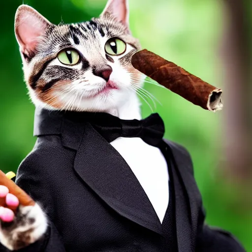 Image similar to cat wearing a suit smoking a cigar