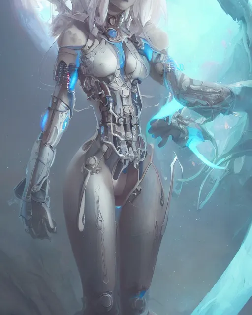 Image similar to holy cyborg necromancer girl, elegant, scifi, futuristic, utopia, garden, illustration, atmosphere, top lighting, blue eyes, white hair, focused, artstation, highly detailed, art by yuhong ding and chengwei pan and serafleur and ina wong