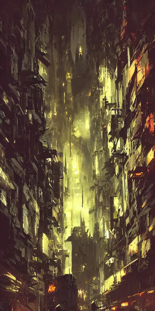 Image similar to the entrance of a stronghold located in the middle of a sci - fi city painted by ashley wood and phil hale, blade runner, masterpiece, award - winning, sharp focus, intricate concept art, ambient lighting, 8 k, artstation, pixiv