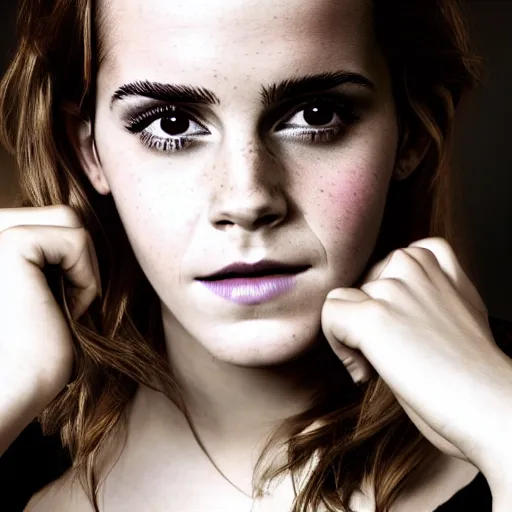 Image similar to Portrait photography of Emma Watson with glowing purple eyes