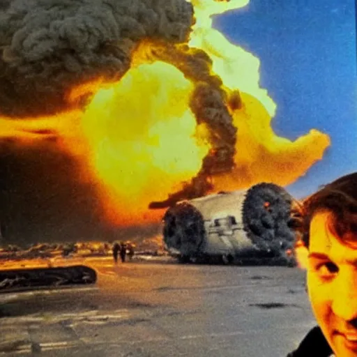 Prompt: a selfie of a ukrainian on the background of a nuclear explosion in yellow - blue rags shoots himself in the head to die a less painful death