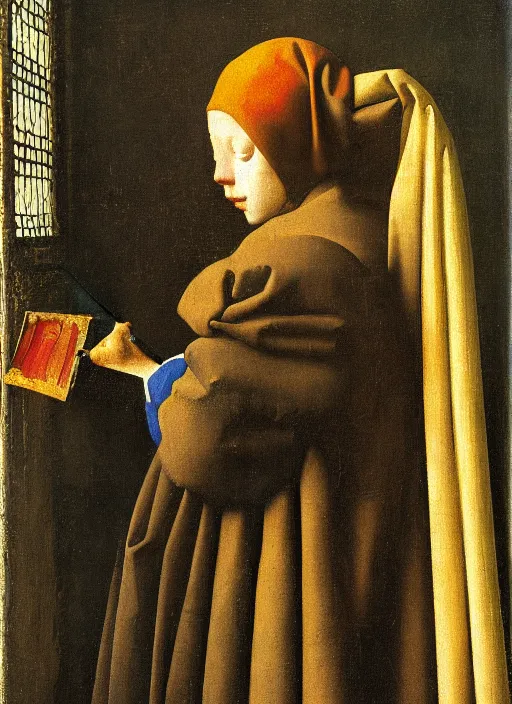 Image similar to artist painting, medieval painting by jan van eyck, johannes vermeer, florence