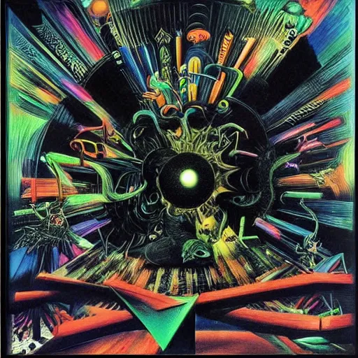 Image similar to dark black void filled with neon energy, extremely detailed masterpiece by dr. seuss and max ernst