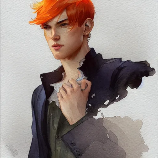 Prompt: young man, orange hair, short hair, elegant, intricate, slightly muscular, sharp focus, highly detailed, artstation, watercolor, by artgerm and greg rutkowski and alphonse mucha