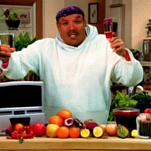 Prompt: 2001 tv still of 'Frank the juice man' promoting juicing machines that will help you live forever