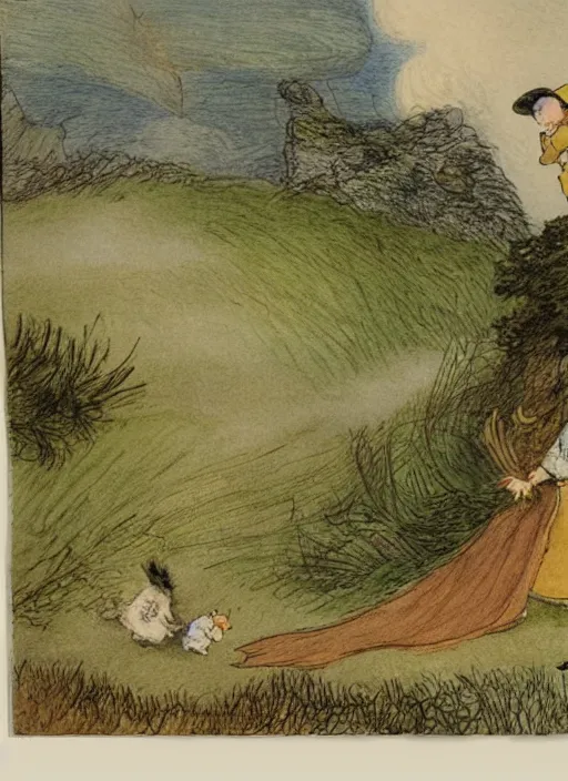 Image similar to transitioning from day to night, surrounded by light clouds, landscape, illustrated by peggy fortnum and beatrix potter and sir john tenniel