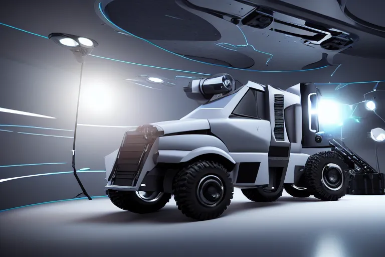 Image similar to still photo of a futuristic remote control truck, highly detailed, photorealistic portrait, bright studio setting, studio lighting, crisp quality and light reflections, unreal engine 5 quality render