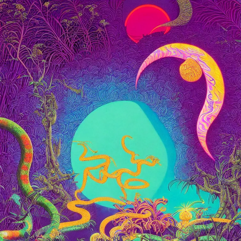 Prompt: pink crescent moon, magical crystal towers, hallucinogenic smoke serpent, bright neon colors, highly detailed, cinematic, hiroo isono, eyvind earle, philippe druillet, roger dean, lisa frank, aubrey beardsley, ernst haeckel