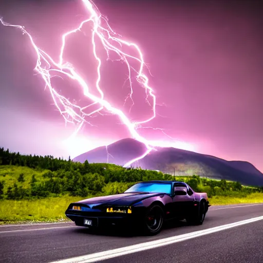 Prompt: black pontiac firebird trans - am driving towards the camera, huge spider creature in the background, norway mountains, valley, lake, dynamic, cinematic, motionblur, volumetric lighting, wide shot, low angle, red glow in sky, large lightning storm