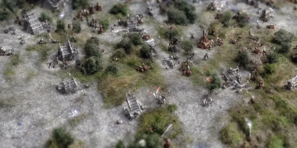 Prompt: needle felt of battle of helms deep, tilt shift, action shot, explosions, dust, detailed textures, dramatic light, god rays