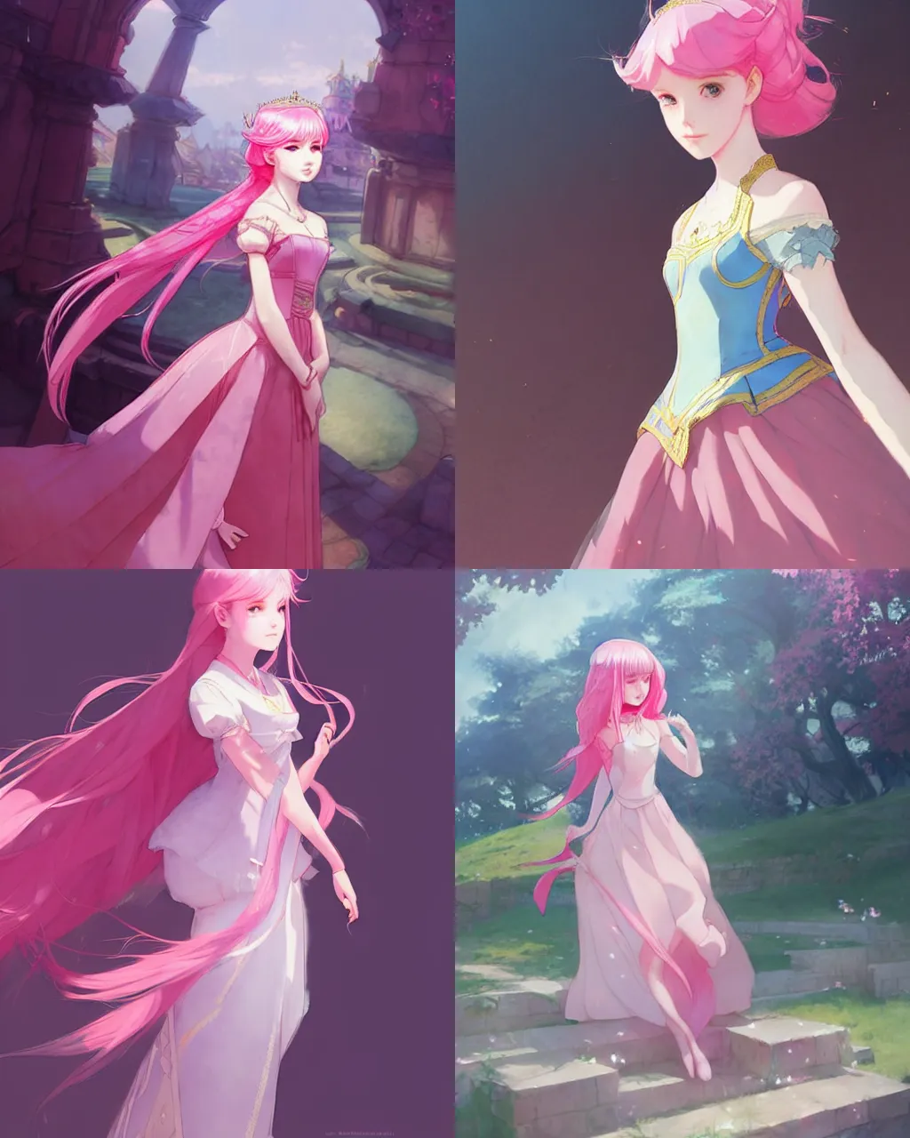 Prompt: a girl with pink hair and princess dress in the palace, a beautiful half body illustration, top lighting, perfect shadow, reduce saturation, leaning towards watercolor, art by hidari and krenz cushart and wenjun lin