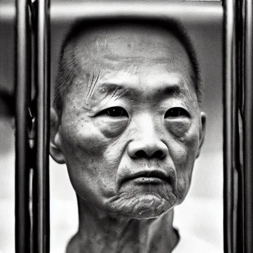 Image similar to a portrait of very very very old justin sun in futuristic prison looking through the bars of his cell, by annie leibovitz, shallow depth of field, cinematic lighting