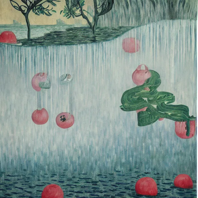 Prompt: painting of flood waters inside an apartment, zen, a tall catgirl art student, a river flooding inside, art supplies, pigs, ikebana, water, river, rapids, waterfall, black swans, canoe, pomegranate, berries dripping, acrylic on canvas, surrealist, by magritte and monet