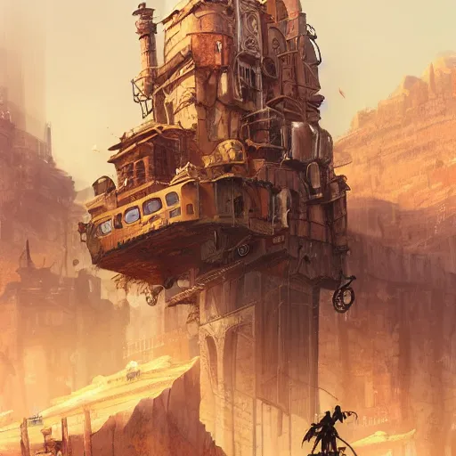 Prompt: Character jumping over a bustling steampunk city in the desert with a towering building made of scraps, digital painting, highly detailed, dynamic, concept art, game art, artstation