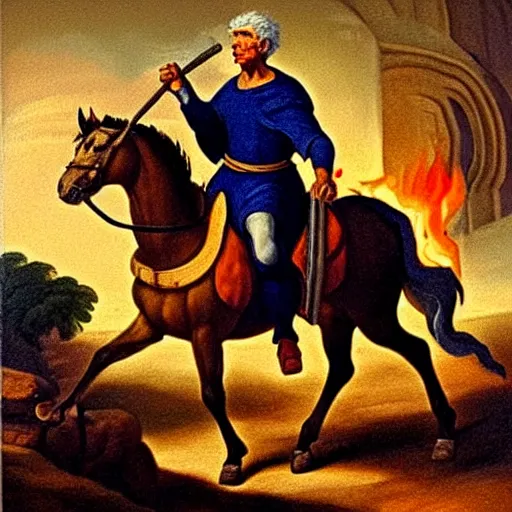 Image similar to painting of yair lapid holding a flaming torch and riding a white mule at the gates of jerusalem, in the style of michaelangelo, intricate, high detail