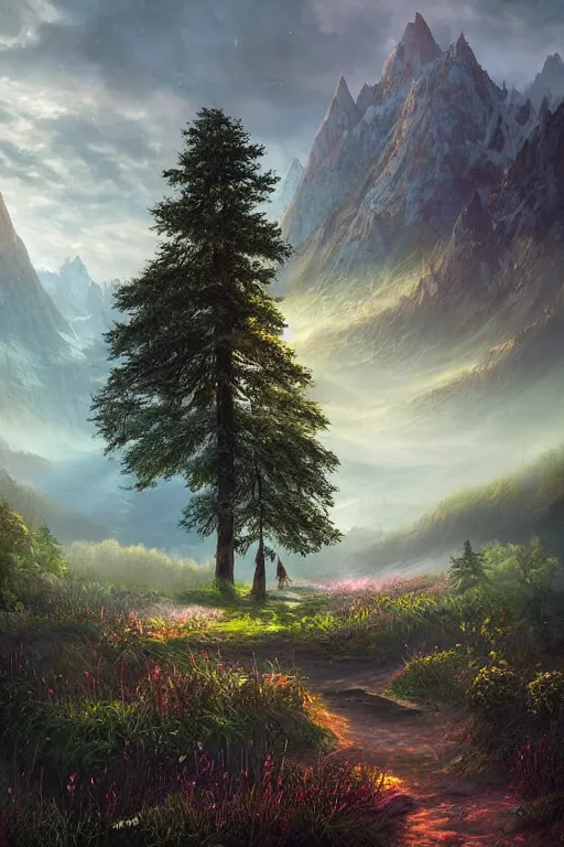 Prompt: beautiful matte painting style dark academia, whimsical art fantasy path mountains and meadow in the background near a lake reflecting the trees, atmospheric lighting, painted, intricate, volumetric lighting, beautiful, rich deep colors masterpiece, sharp focus, ultra detailed by