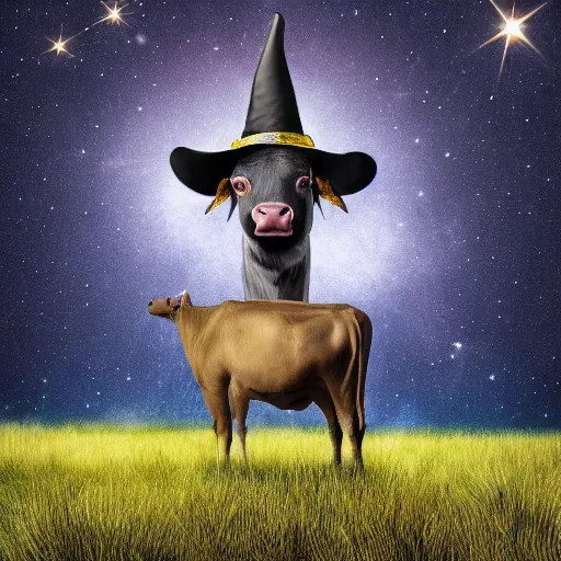 Prompt: a detailed picture of a cow standing made of stars and nebulas in a grassy field wearing a witch hat, cow wearing hat!!! viewed in profile and far away, fog in the background, ultrawide lens, aerial photography, black and blue color scheme with gold highlights, art in an absurdist style, artstation, 8 k