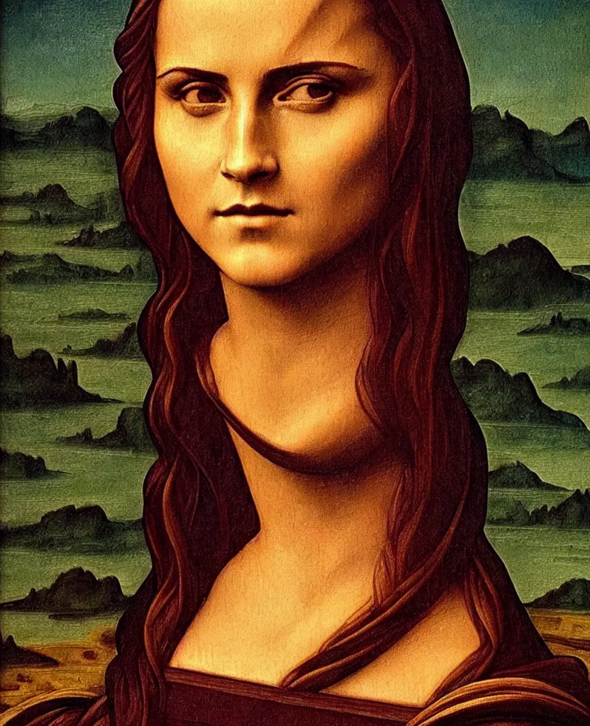 Image similar to emma watson oil painting by leonardo da vinci in style of mona lisa, close up portrait