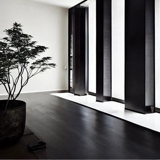 Image similar to “extravagant luxury city apartment interior design, by Tadao Ando, modern rustic, black walls”