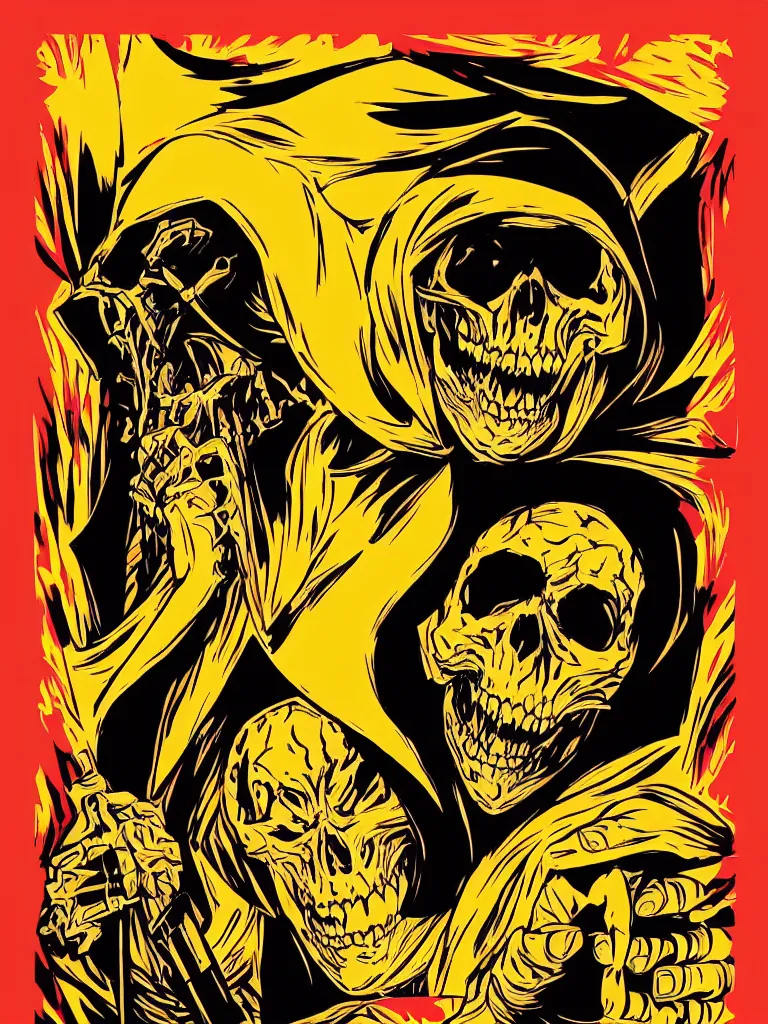 Prompt: poster of skeletor with the word fear, red yellow orange black and cream colors, poster by shepard fairey