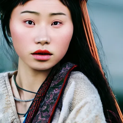 Image similar to closeup photo of a young chinese tribal woman in the style of rosie matheson