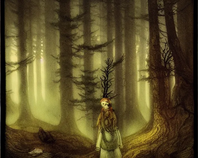 Prompt: scandinavian folklore with trolls and elves, misty forest in the style of john bauer, dramatic lighting, lithography