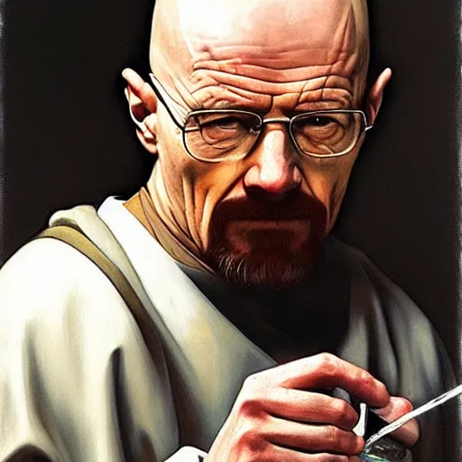 Prompt: Walter White cooking meth, oil painting by Caravaggio