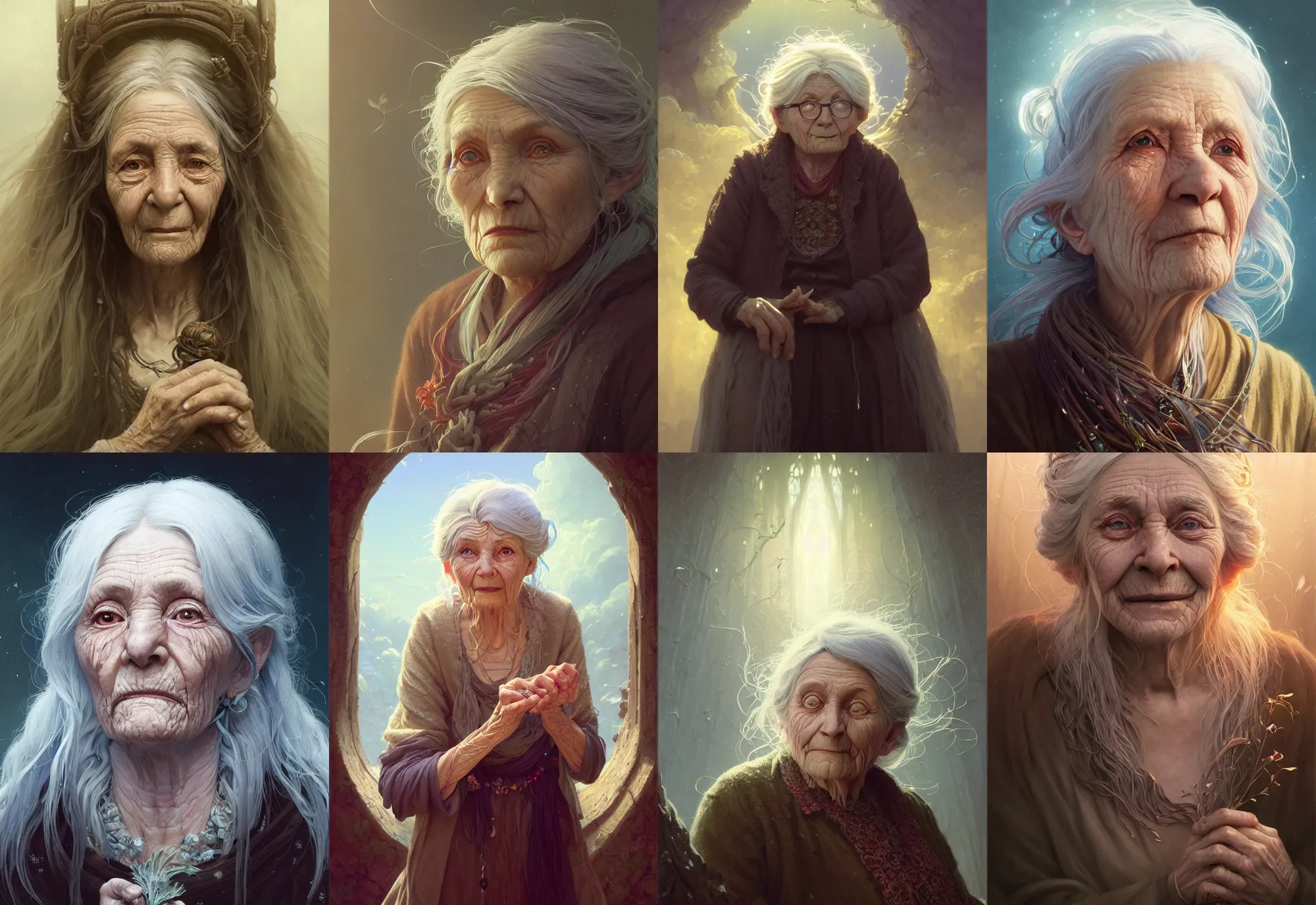 Image similar to highly detailed portrait of a very old woman with long hairs, stephen bliss, unreal engine, fantasy art by greg rutkowski, loish, rhads, ferdinand knab, makoto shinkai and lois van baarle, ilya kuvshinov, rossdraws, tom bagshaw, alphonse mucha, global illumination, radiant light, detailed and intricate environment