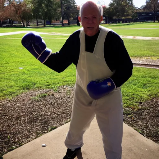 Prompt: janitor at the park, wearing boxing gloves