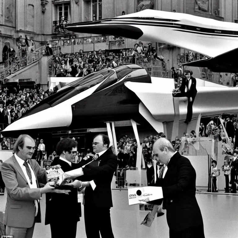 Prompt: a transforming mecha-concorde is presented with the medal d'honneur,Paris 1982