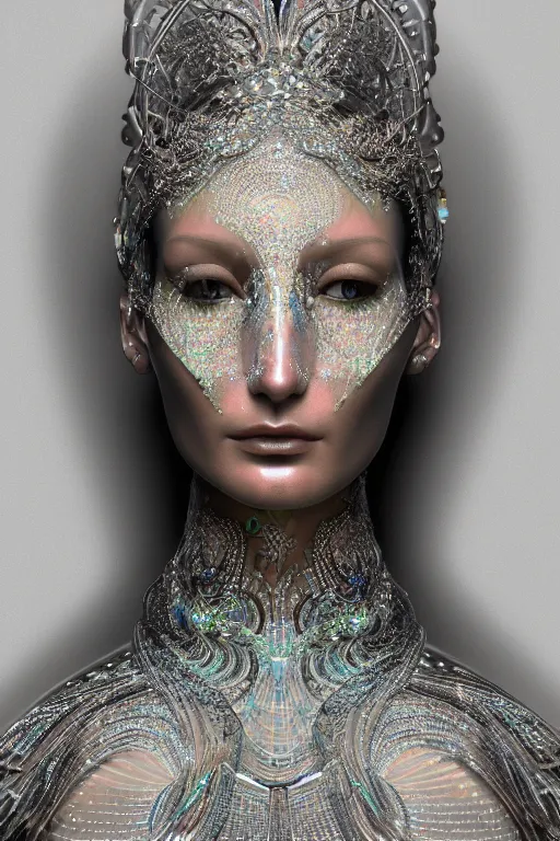 Image similar to a portrait of a beautiful ancient alien woman goddess bella hadid deity standing in iris van herpen dress in diamonds and fractals in style of alphonse mucha art nuvo dmt trending on artstation made in unreal engine 4