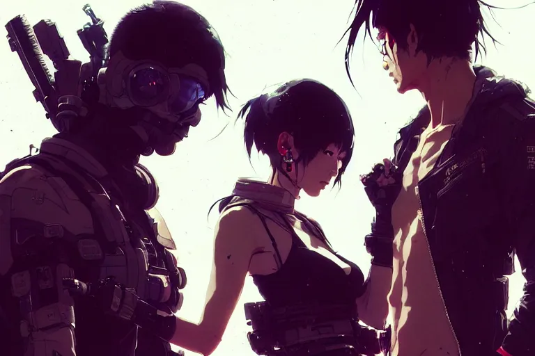 Prompt: hyper - realistic cinematic shot of cyberpunk romantic couple, extreme detail, in style of pan ren wei, yoji shinkawa, atey ghailan, ilya kuvshinov, by greg rutkowski, by greg tocchini, by james gilleard, by joe fenton, by kaethe butcher, grunge aesthetic