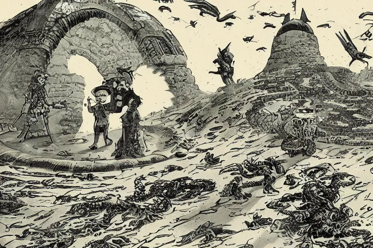 Prompt: a land outside of time and space with floating sands and flying beasts with a Fort in the middle and water tunnels below, a man standing watching over, comic book style