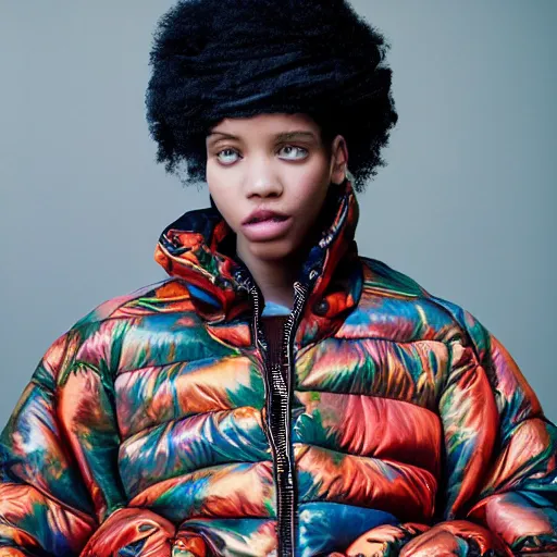 Image similar to realistic photoshooting for a new balenciaga lookbook, color film photography, portrait of a beautiful woman, model is wearing a multi layered puffer jacket, photo in style of tyler mitchell, 3 5 mm,