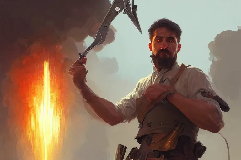 Prompt: a man fights an explosion with a knife, portrait, highly detailed, digital painting, artstation, concept art, smooth, sharp focus, illustration, cinematic lighting, art by artgerm and greg rutkowski and alphonse mucha