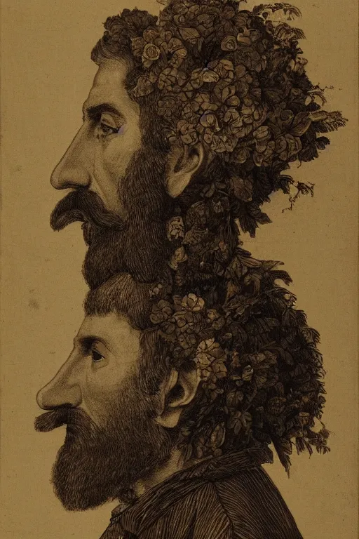 Image similar to a man's face in profile, with a long beard made of flowers and fruit, in the style of the dutch masters, dark and moody