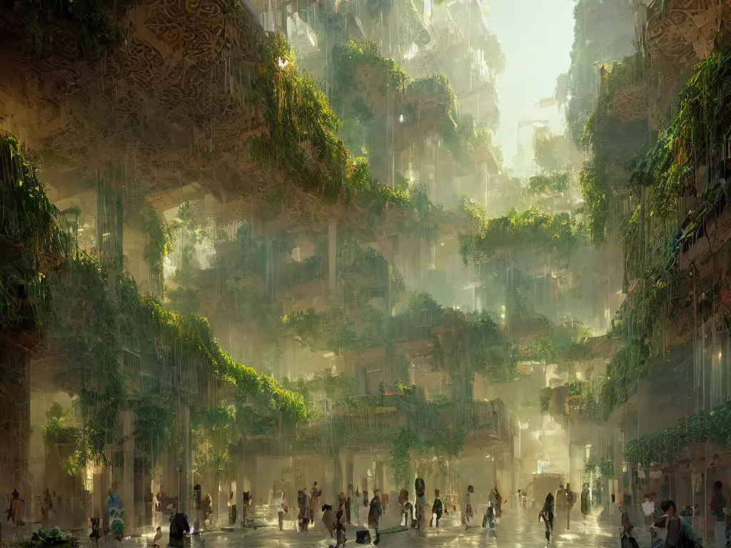 Prompt: the antique green city of babylon with its wonderful hanging gardens at dawn, intricate, elegant, volumetric lighting, digital painting, highly detailed, artstation, sharp focus, illustration, concept art, ruan jia, steve mccurry