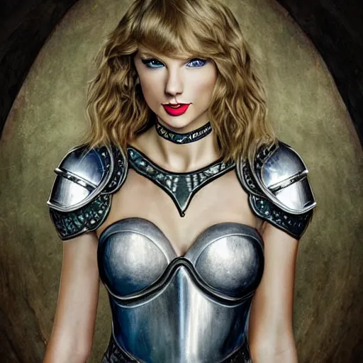 Image similar to the body portrait of taylor swift in a knight armor, epic fantasy art, mystical, mystic atmosphere, mythology, photo realistic, high detail, ultra realistic, hyper realistic, high definiton, 4 k uhd,