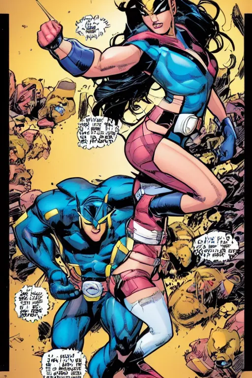 Prompt: uncanny x - men comic book panel containing wolverine and jubilee, illustrated by jim lee